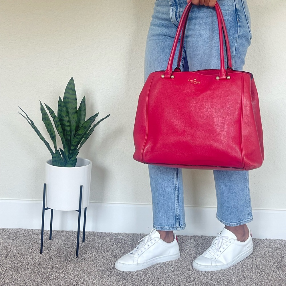 Kate Spade Red Leather Tote Bag w/ gold trim hardware zippers.